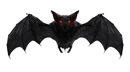 Aggressive black bat with glowing red eyes and spread wings © Isolde