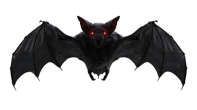 Aggressive black bat with glowing red eyes and spread wings