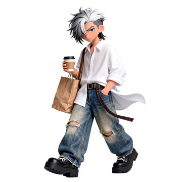 [Transparent Background PNG]Stylish anime young man walking with coffee and paper bag