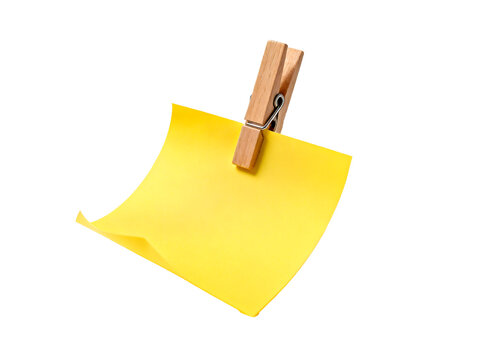 [Transparent Background PNG]Yellow note paper clipped with wooden clothespin on white background