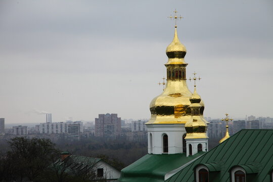 Kyiv Pecherskaya Lavra a cloudy day in early spring, Kyiv, Ukraine
