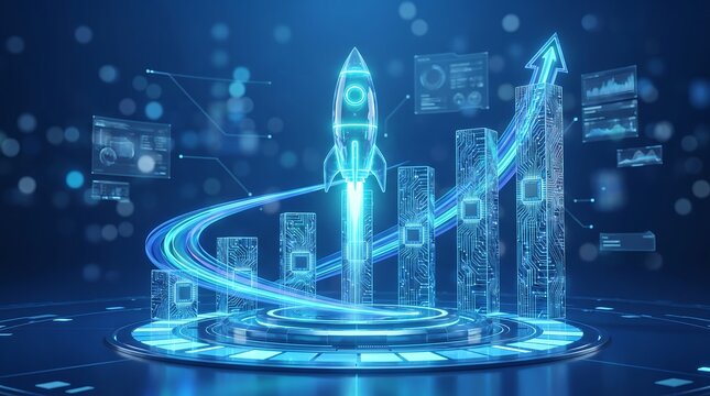 A glowing digital bar graph with a rocket soaring upwards, symbolizing exponential growth, innovation, and success in the technology sector.