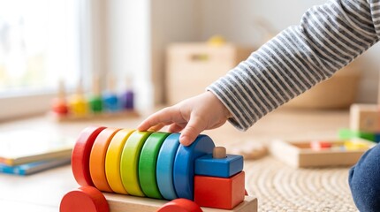 Obraz premium A young child's hand reaching out to play with a colorful wooden toy train on a softly lit wooden floor, surrounded by other educational toys in a bright nursery room.