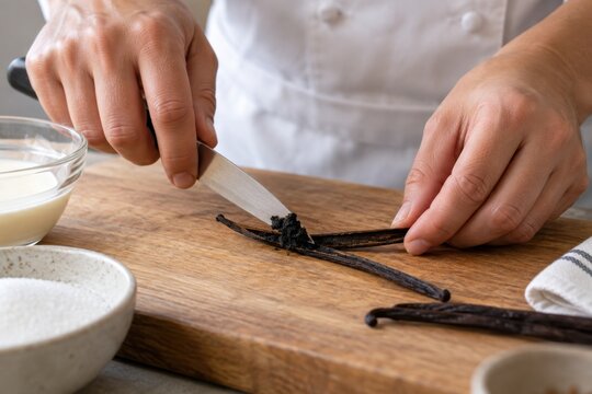 Chef scraping vanilla seeds from a pod on a board