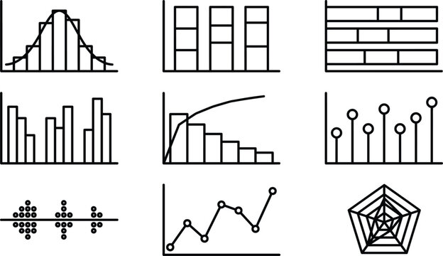 Minimalist data chart line icon set featuring bell curve histogram pareto chart radar plot lollipop graph and line diagrams for statistics analytics vector