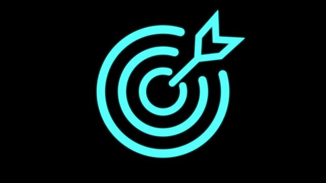 Hit a target or goal with an arrow simple loop animation on black background. Aim target with arrow sign.  Archery, darts or goal strategy .