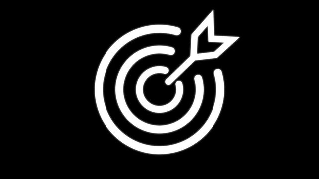 Hit a target or goal with an arrow simple loop animation on black background. Aim target with arrow sign.  Archery, darts or goal strategy .