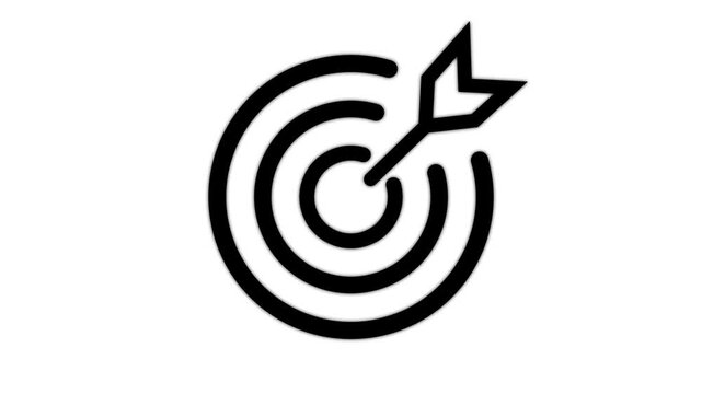 Hit a target or goal with an arrow simple loop animation on white background. Aim target with arrow sign.  Archery, darts or goal strategy .
