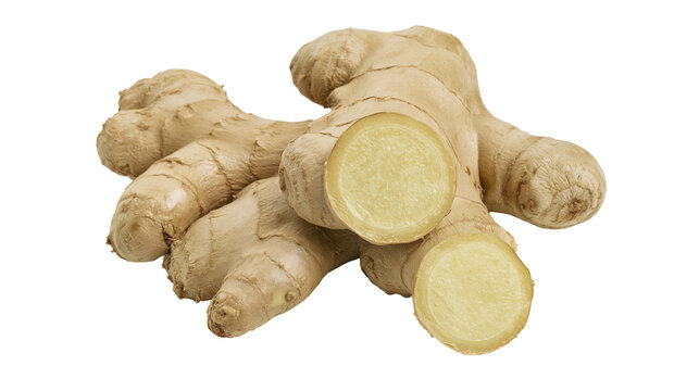 Fresh raw ginger root with sliced cross section showing fibrous texture