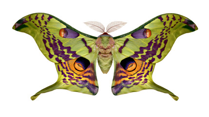 Vibrant green and purple Argema mittrei comet moth with large eyespot patterns © Elvin