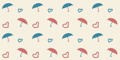 Fototapeta premium ​Retro pattern of hearts and blue/pink umbrellas on a beige background. Perfect for baby showers, children's clothes, and Valentine's Day designs. Seamless and cute.