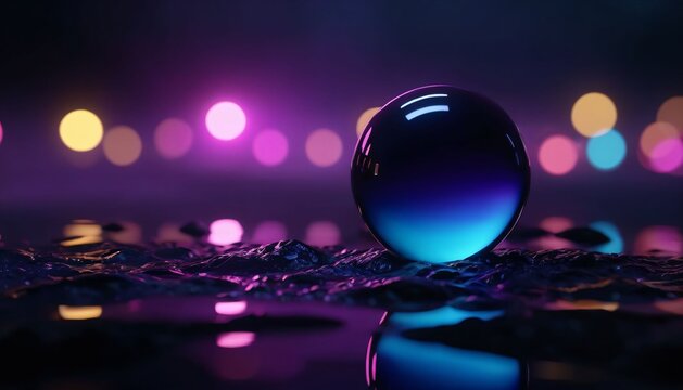 Glossy glass sphere on reflective surface with colorful bokeh