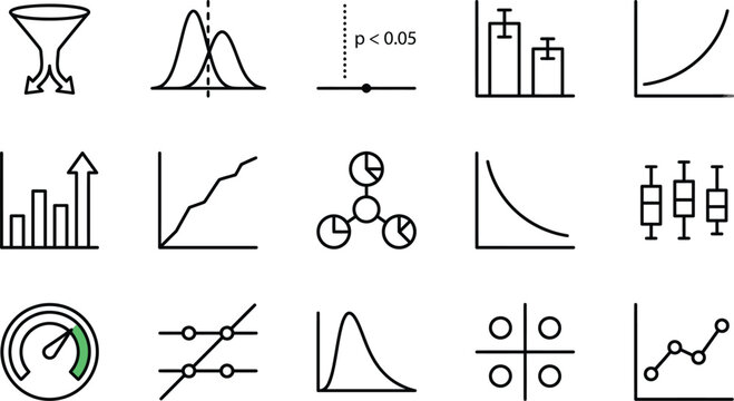 Statistical data analysis and scientific research charts outline icons set representing probability distribution curves mathematics regression analysis box plot and performance metrics