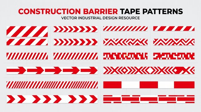 Red and white construction barrier tape patterns, industrial warning hazard stripes and arrow borders set, safety design elements on light background