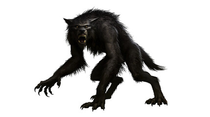Fierce black werewolf creature with sharp teeth and claws in a crouching stance © Gael
