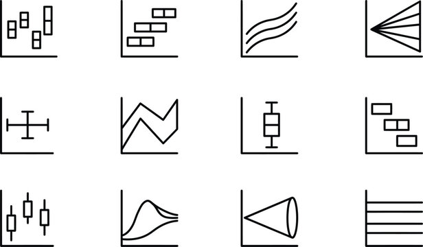 Statistical data visualization and scientific analysis chart outline icons set representing box plots candlestick graphs fan charts error bars and distribution curve metrics