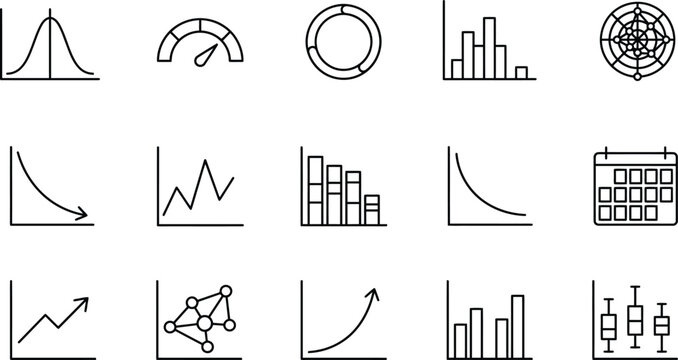 Statistical data visualization charts and dashboard analytics outline icons set representing normal distribution curves bar graphs radar networks box plots and trends