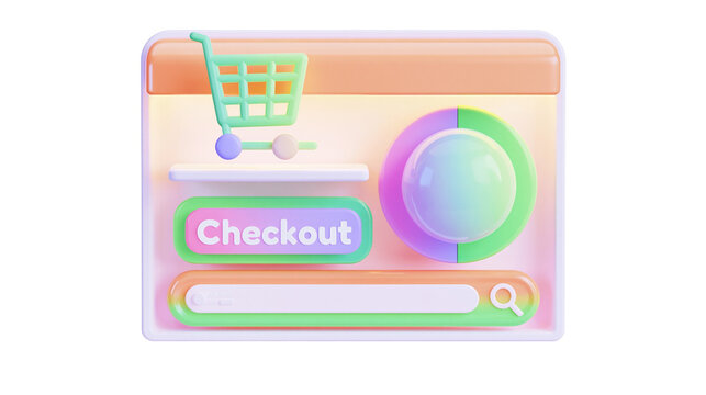 Pastel 3D shopping cart interface with checkout button and search bar