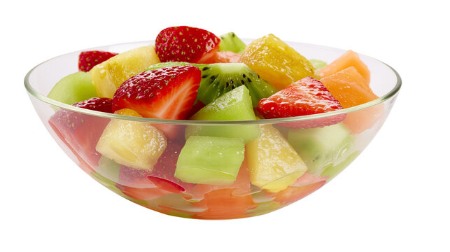Fresh mixed fruit salad with strawberries kiwi, pineapple and melon in glass bowl