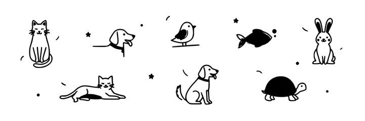 Fototapeta premium Whimsical Pet Icons Set with Dog, Cat, Bird, Fish, Turtle, and Rabbit Illustrations