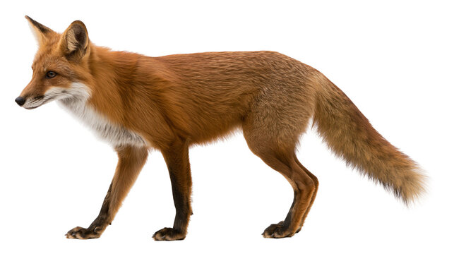 Full body side view of a red fox standing with alert posture