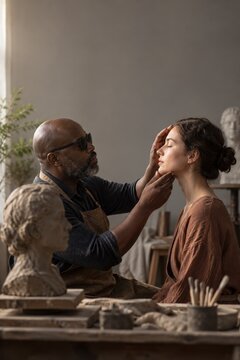 Sculptor studying a seated model beside a clay portrait
