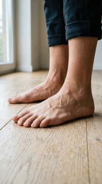 Plantar posture alignment: flat foot, orthopedic care, bare toe, wooden floor, stand balance, human limb, sole pressure, skeletal condition, skin texture, body weight, physical health.