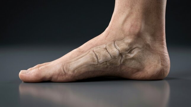 Anatomical limb posture: flat foot, orthopedic diagnosis, medial arch, bone deformity, skeletal structure, sole pain, joint instability, physical therapy, human pathology.