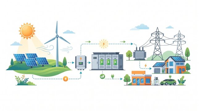 Renewable energy infographic showing solar panels and wind turbine power generation for residential use