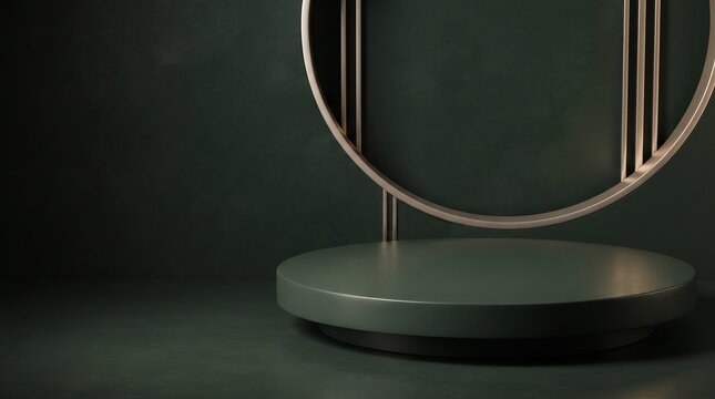 Dark green cylindrical pedestal with circular platform for product display and presentation