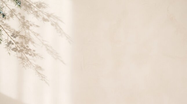 Delicate branch shadow on a beige wall creating a minimalist botanical aesthetic