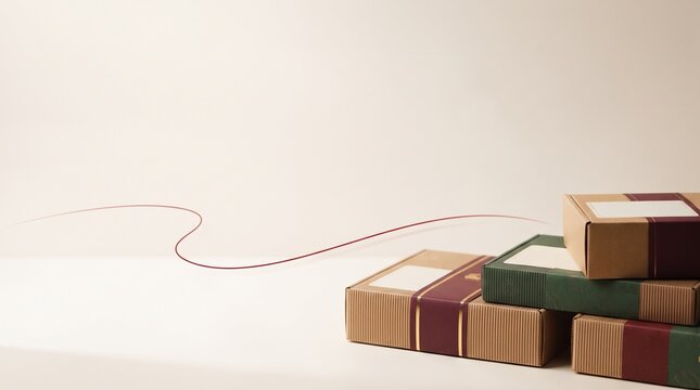 Stacked books with a red ribbon on a neutral background minimalist composition
