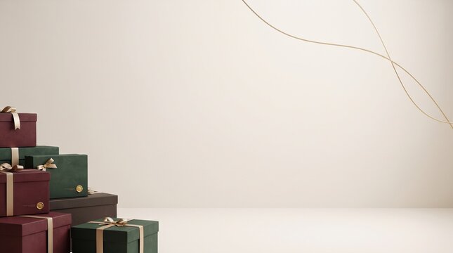 Stack of elegantly wrapped gifts with ribbons on a neutral background for festive celebrations