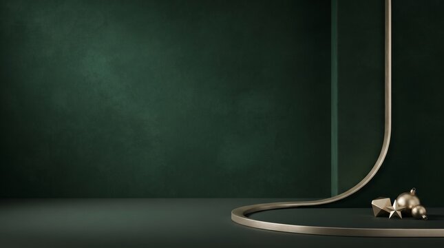 Minimalist christmas display with golden ribbon and ornaments on dark green background