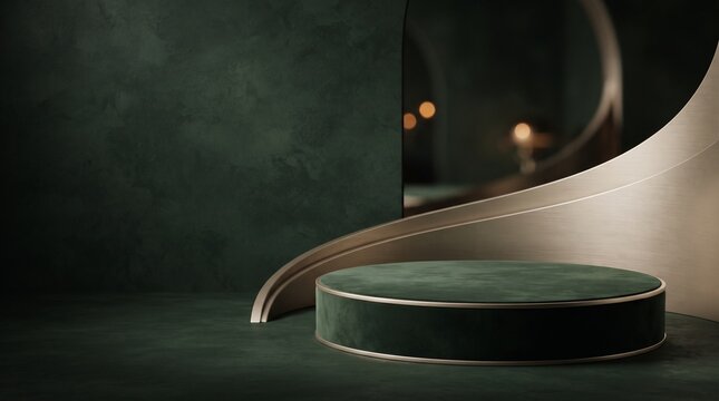 Dark green velvet podium and metallic archway for product display and presentation