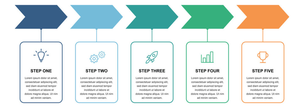 Five step corporate infographic process diagram with chevron arrows and hanging cards sequence workflow timeline layout vector design