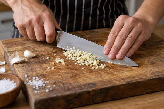 Hands finely chopping garlic on a wooden board