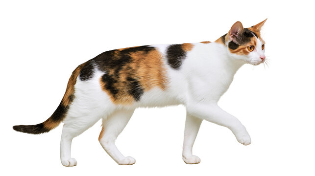 Calico cat walking with orange black and white fur patches