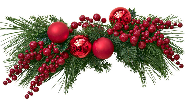 Christmas pine garland with red shiny baubles and holly berries