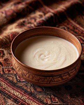 Bowl of thick fermented Shubat camel's milk, creamy texture, resting on a woven traditional carpet