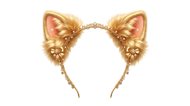 Golden cat ears headband with fluffy fur and pearls, ornate feline costume accessory, elegant gold animal ear hairband for cosplay isolated PNG with Transparent Background
