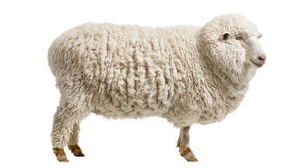 Fluffy white sheep with thick curly wool standing in profile © Isolde