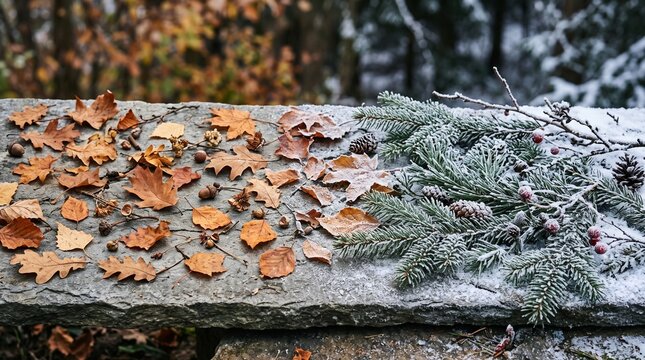 seasonal transition nature scene cold weather frosty morning first snow change seasons weather shift december landscape november scenery late fall early snowfall pine branches