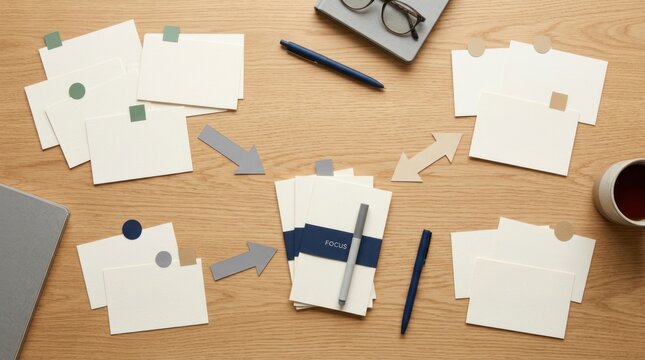 Task prioritization and focus planning scene with note cards and arrows on office desk