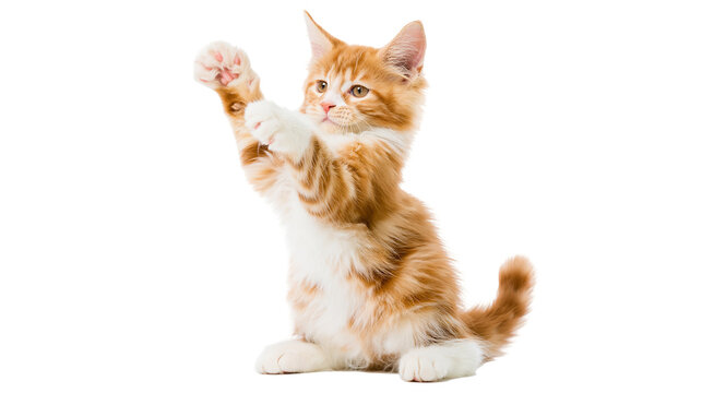 Fluffy ginger tabby kitten reaching up with paws raised