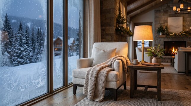 cozy living room snowy mountain view frosty window boucle upholstery knitted throw blanket accent pillow wooden side table table lamp warm lighting stone fireplace mantel decor
