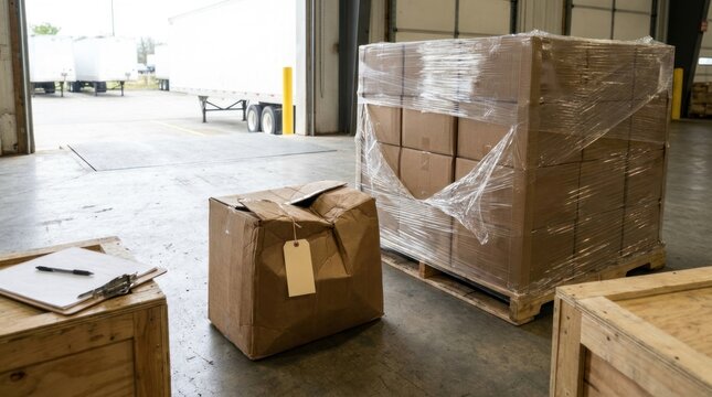 Damaged carton separated for inspection beside intact shipment at warehouse receiving dock