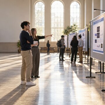 People discussing posters at an indoor exhibition