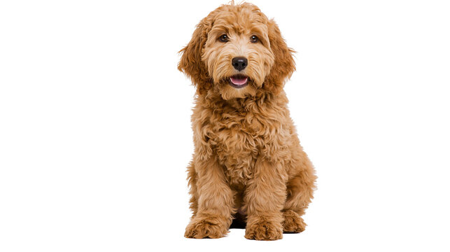 Fluffy golden brown Goldendoodle puppy sitting and looking at camera