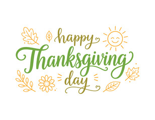 Fototapeta premium Thanksgiving Day lettering template featuring doodle elements on a white background. 